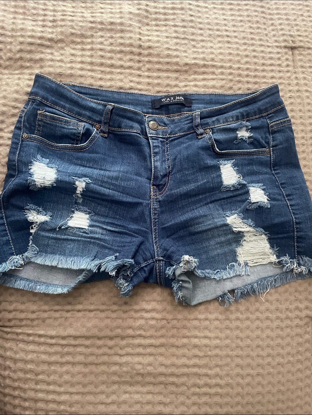 Wax Jean Distressed Dark Blue Ripped Denim Shorts